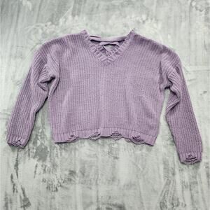 Derek Heart Sweater Women XL Purple Distressed V-Neck Crop Pullover Lace Up Back